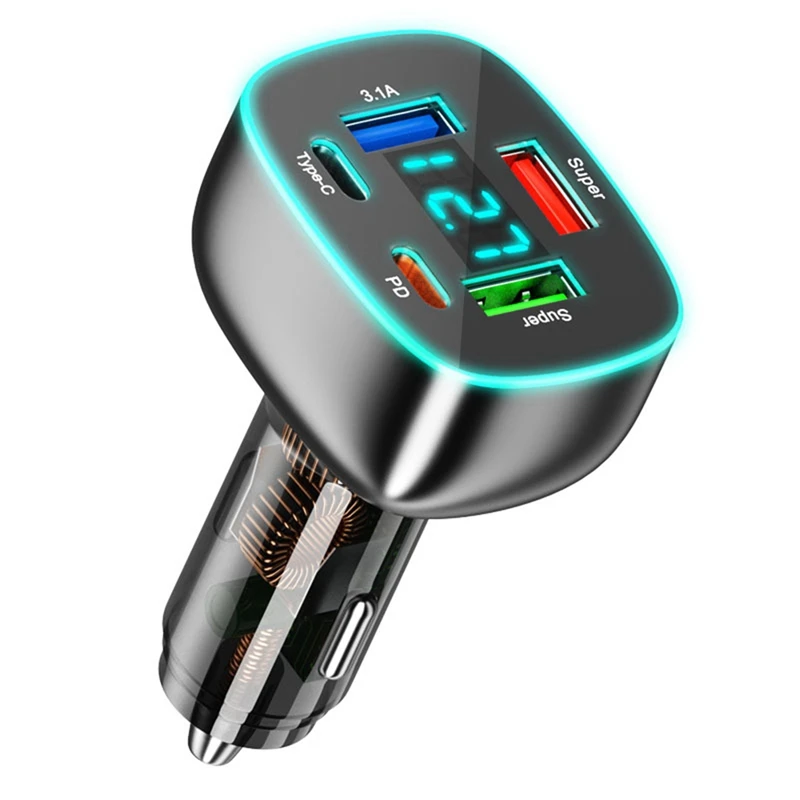 5 Port USB C Car Phone Charger Adapter+Voltage Display Dual PD 30W Super Fast Charger For Iphone 15Pro Max Samsung