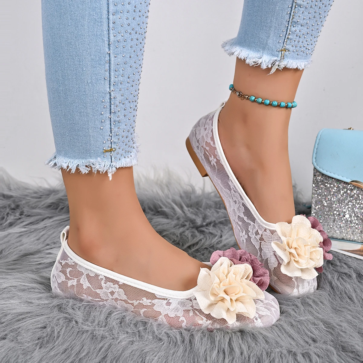 Ladies Slip‑On Ballet Flats,Charming Flower Ornament, Breathable Hollow Design,Lightweight Comfort Casual Daily Dress Flat Shoes