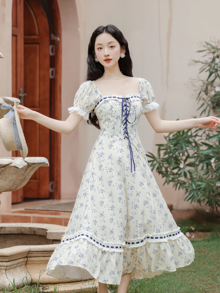 Prairie Chic Blue Flower Print French Bandage Ribbon Bow Slim Dresses for Women Romantic Princess Dress Faldas Vestido Festa