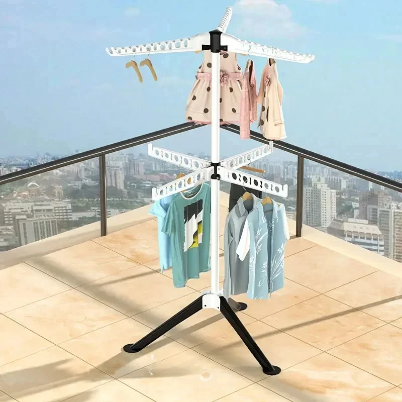 2-Tier Tripod Folding Clothes Drying Rack, Portable Drying Rack with 7 Rotatable Arms for Hangers, Liftable Laundry Drying Rack