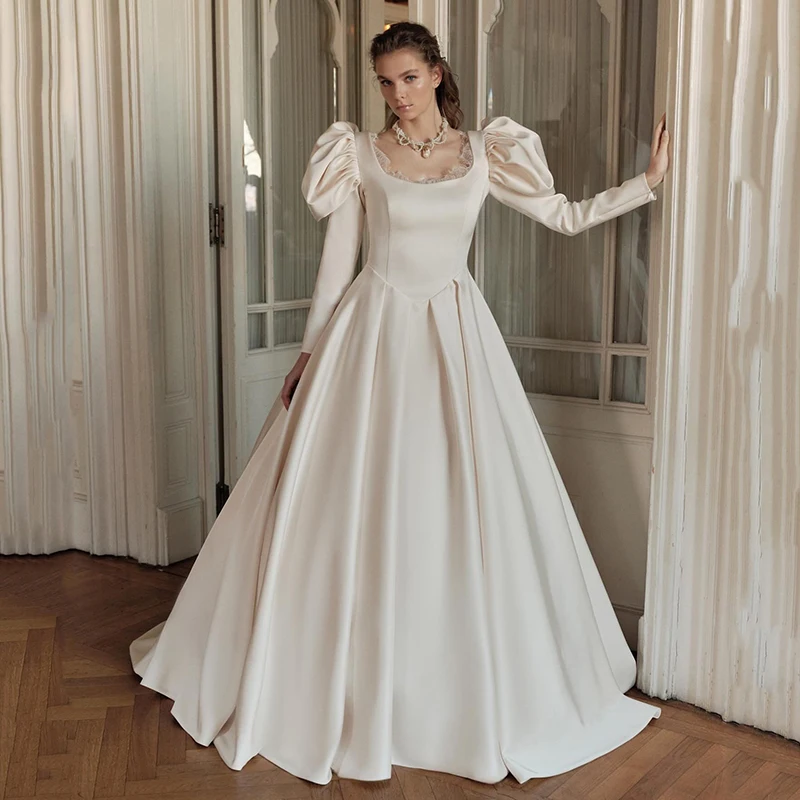 

Eightree Princess A-Line Wedding Dresses O-Necl Puff Sleeve Lace Satin Bridal Dress Formal Wedding Ball Prom Gowns Customized