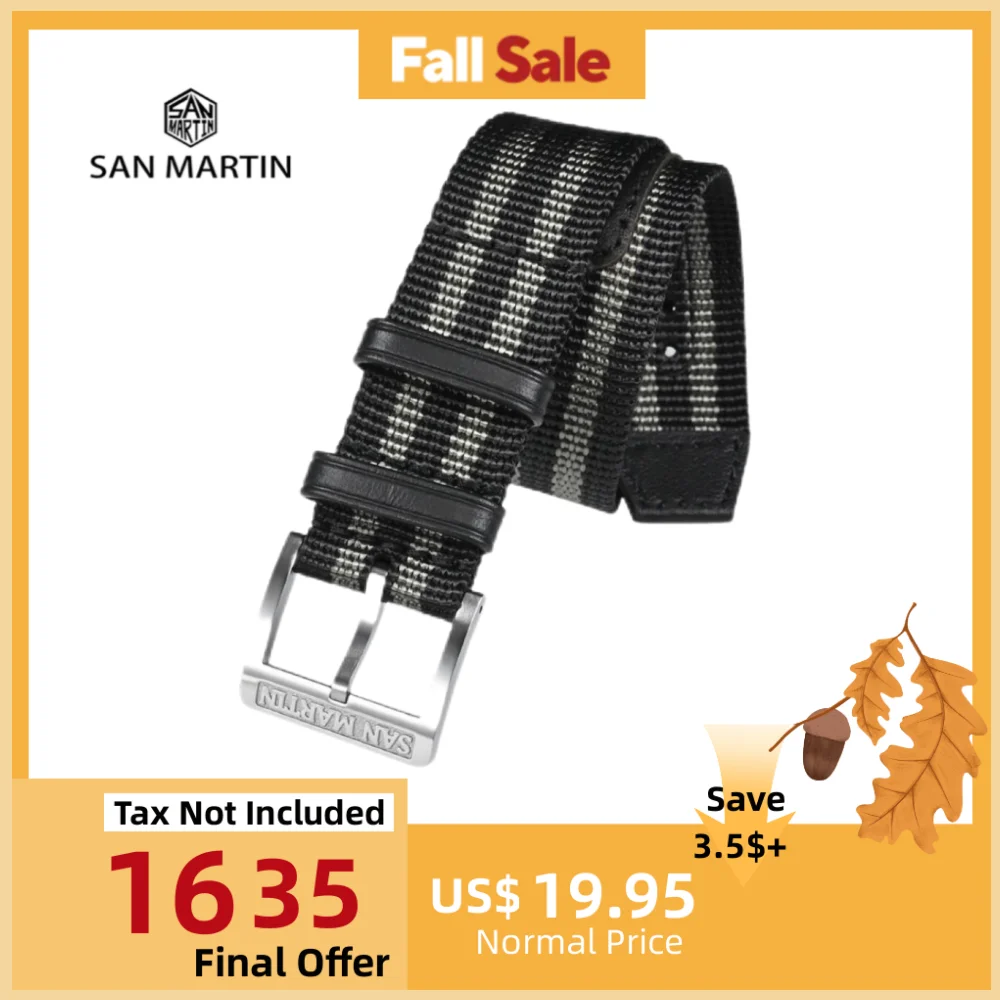 

San Martin Watch Band One Piece 20mm Nylon Strap Solid 316L Stainless Steel Logo Pin Buckle Leather Loop Retro Military SN0105