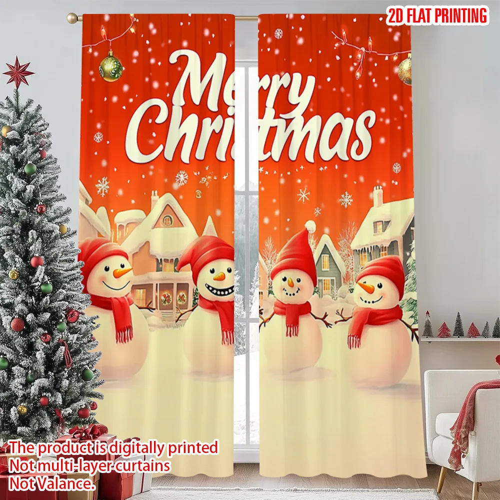 

2pcs 2D flat printing Merry Christmas Curtain Merry Christmas cute snowman Versatile Polyester Fabric Without Electricity