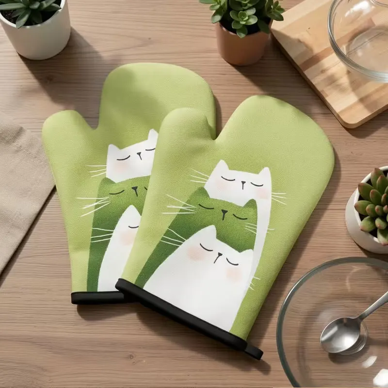 2pc Cat Oven Mitts Kitchen Decor Cooking Baking Barbecue Picnic Essential Heat Resistant Gloves for Home Kitchen,Outdoor Camping