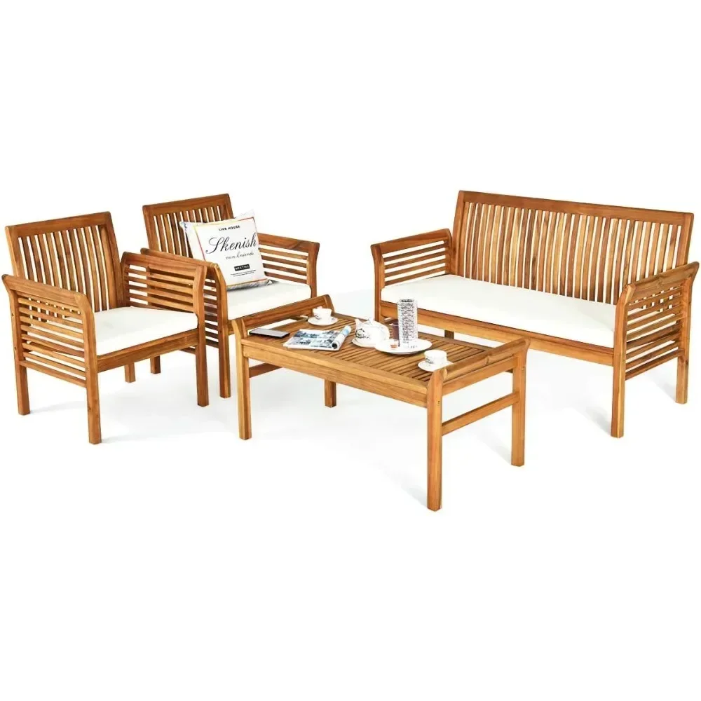 

4 Piece Outdoor Acacia Wood Sofa Set with Water Resistant Cushions, Padded Patio Conversation Table Chair Set w/Coffee Table