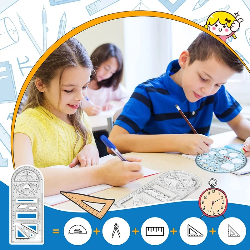 4Pcs Multifunctional Geometric Ruler Measuring Drawing Ruler Plastic Mathematics Tools For Student School Office Supply