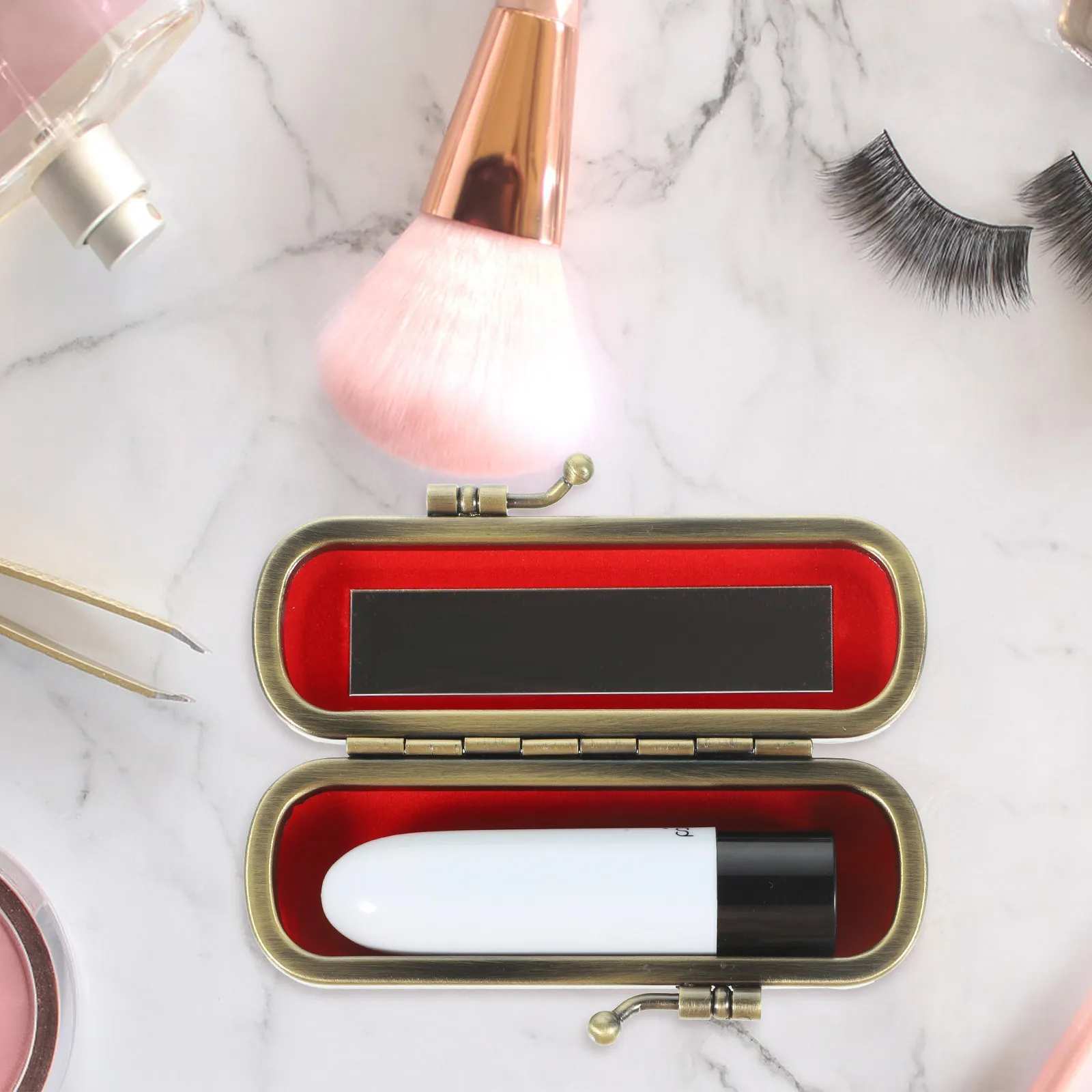 Retro Lipstick Box Flannelette Portable Lipstick Holder Outdoor Makeup Storage Case with Mirror Elegant Compact Organizer