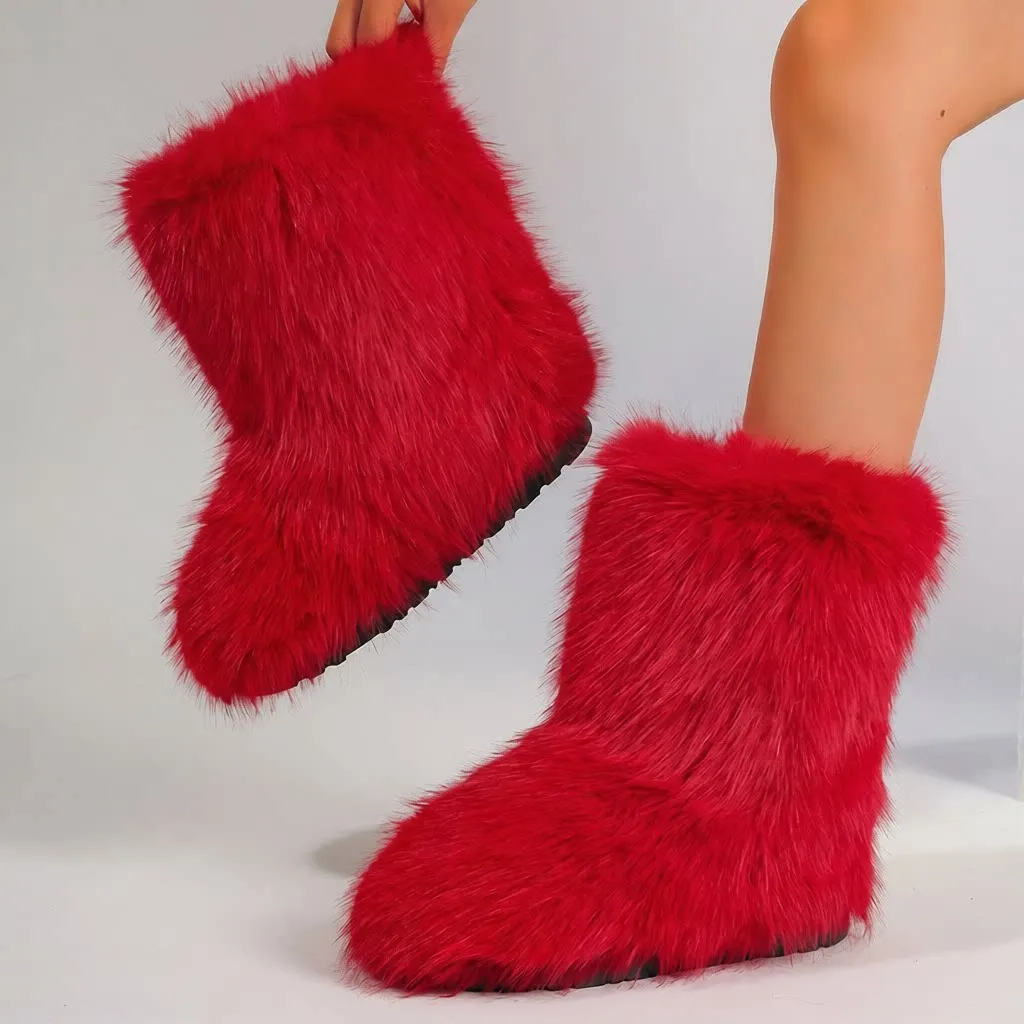 

Y2K Fur Lined Mid-Calf Snow Boots Fashionable Winter Booties Warm Rubber Sole Short Bootie Style Synthetic Fiber Material