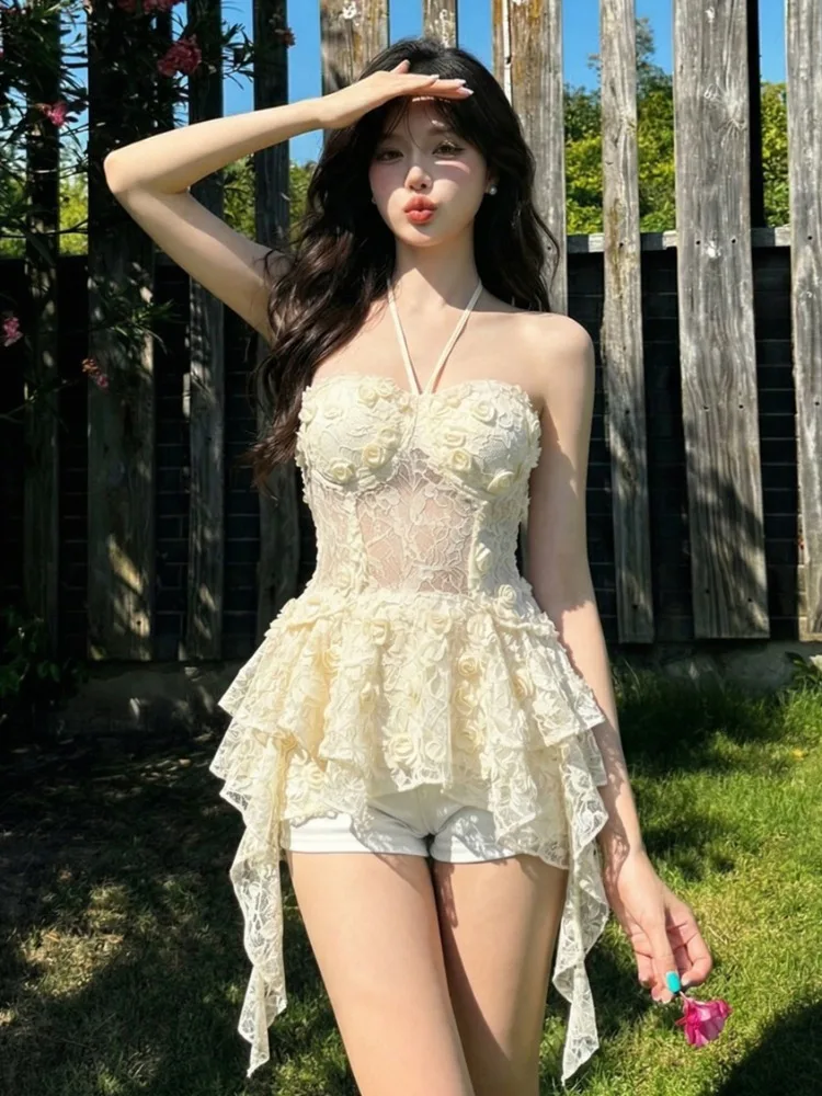 

Pure Desire Spicy Girl Vacation Style Lace Wrap Chest Vest with Chest Pad Summer New Short Hanging Neck Strap Top