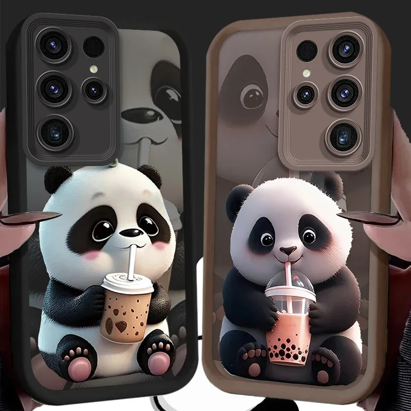 Drink Tea Milk Panda Silicone Phone Case for Samsung Galaxy S24 S23 S22 S21 Ultra Plus FE A54 A34 A14 A73 A53 A33 5G Soft Cover