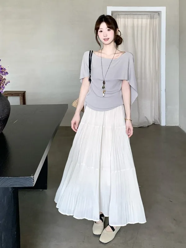 

plus Size Knitted Set Summer New Design High Waist Half Body Skirt Cowl Neck Top A-Line Midi Skirt Korean Style Fashion Ensemble