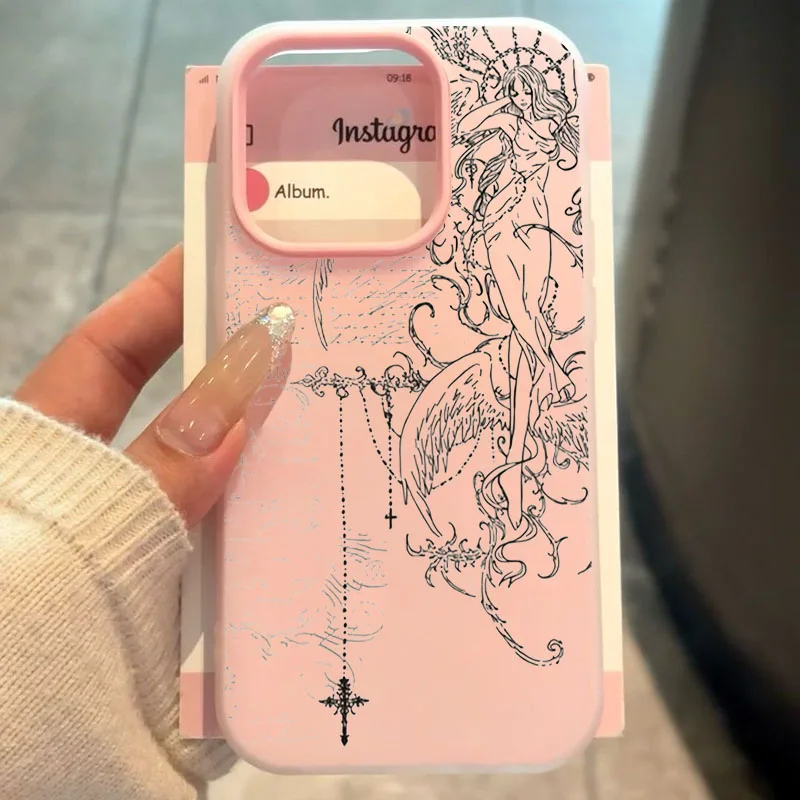 Gothic Style Angel Cross Line Drawing Phone Case For iPhone 11 12 13 14 15 16 17 Pro Max XS X XR 16E 17Pro 17Air 7 8 Plus Cover