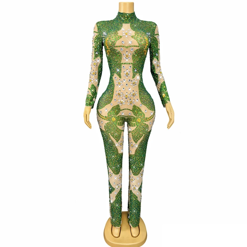 Jour de noël vert strass combinaison femmes Halloween discothèque DJ tenue Sexy pôle danse vêtements scène Rave porter XS10588
