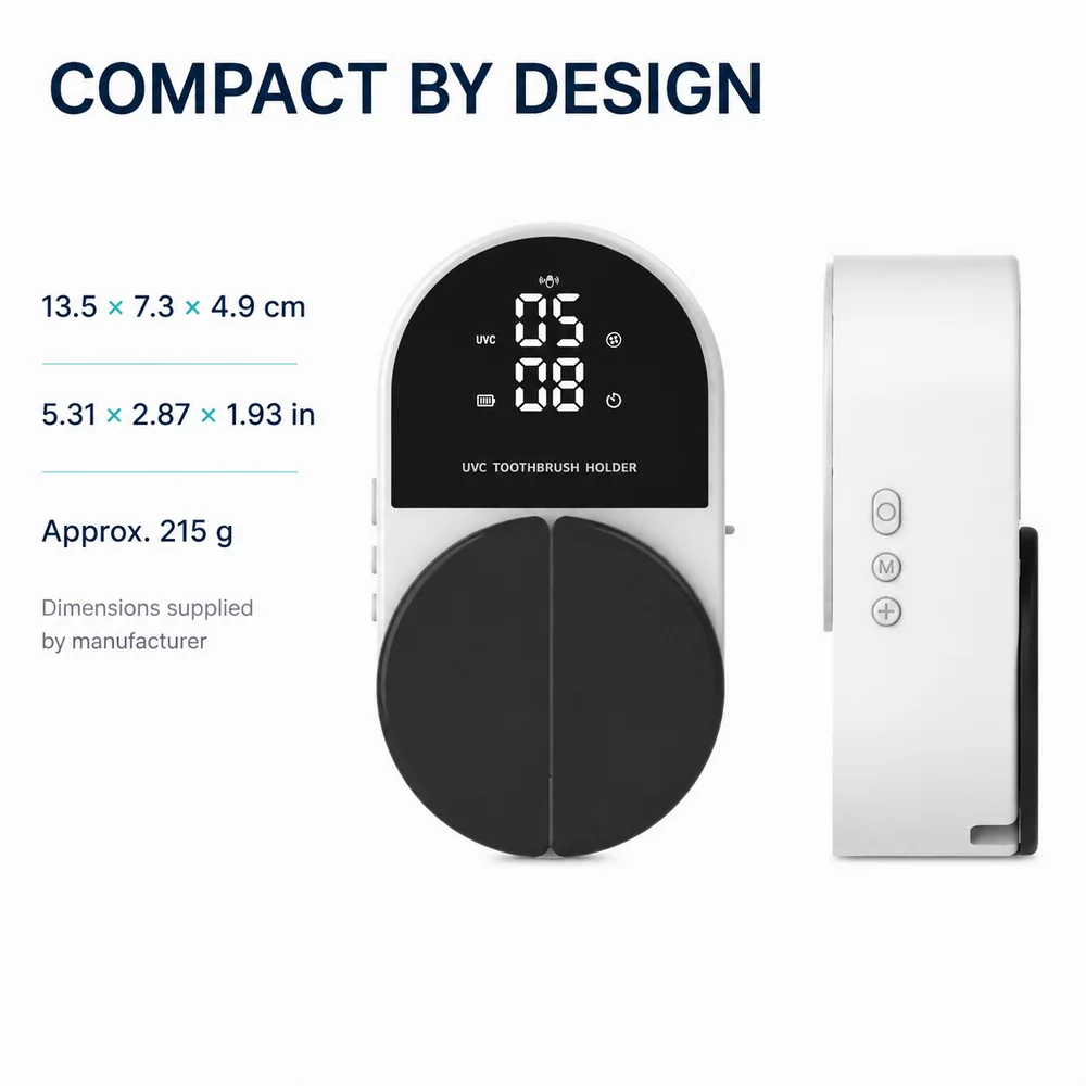 Wall Mounted UVC Toothbrush Holder with Sensing Cover 2000mAh Battery LED Clock USB-C Rechargeable Dual Slot White Bathroom Rack