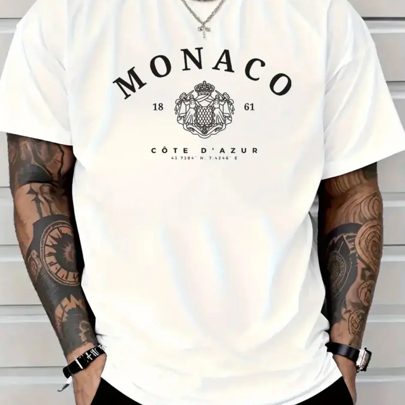 Men 100% Cotton T-Shirt, Oversized Monaco Letter Pattern Print Round Neck Short Sleeve Top, Loose Breathable Fashion Casual Tee