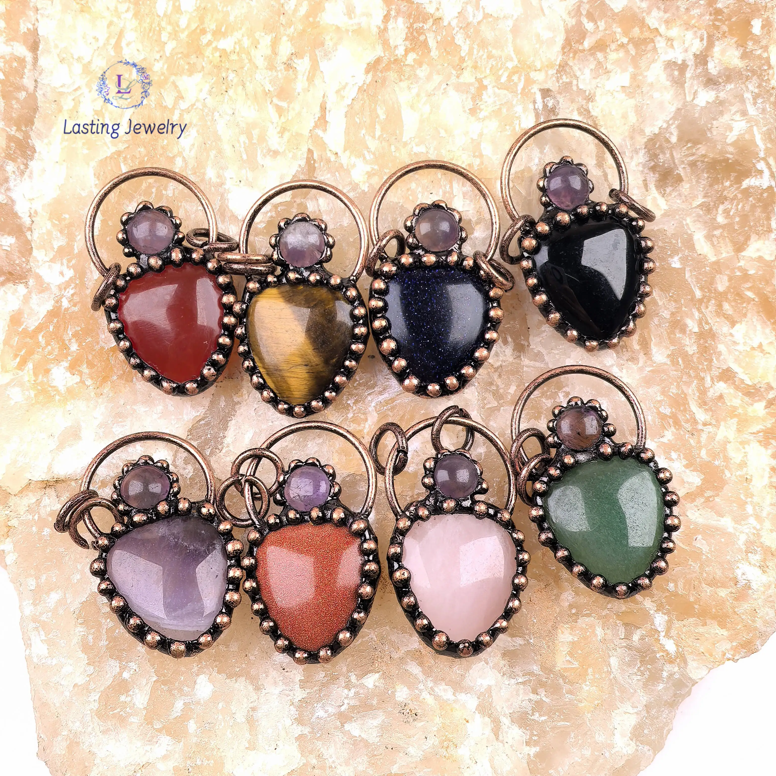 Heart Shaped Quartz Soldered Bronze Hoop Pendants,Anitque Copper Healing Crystal Amethyst Charms Necklace DIY Vintage Jewelry