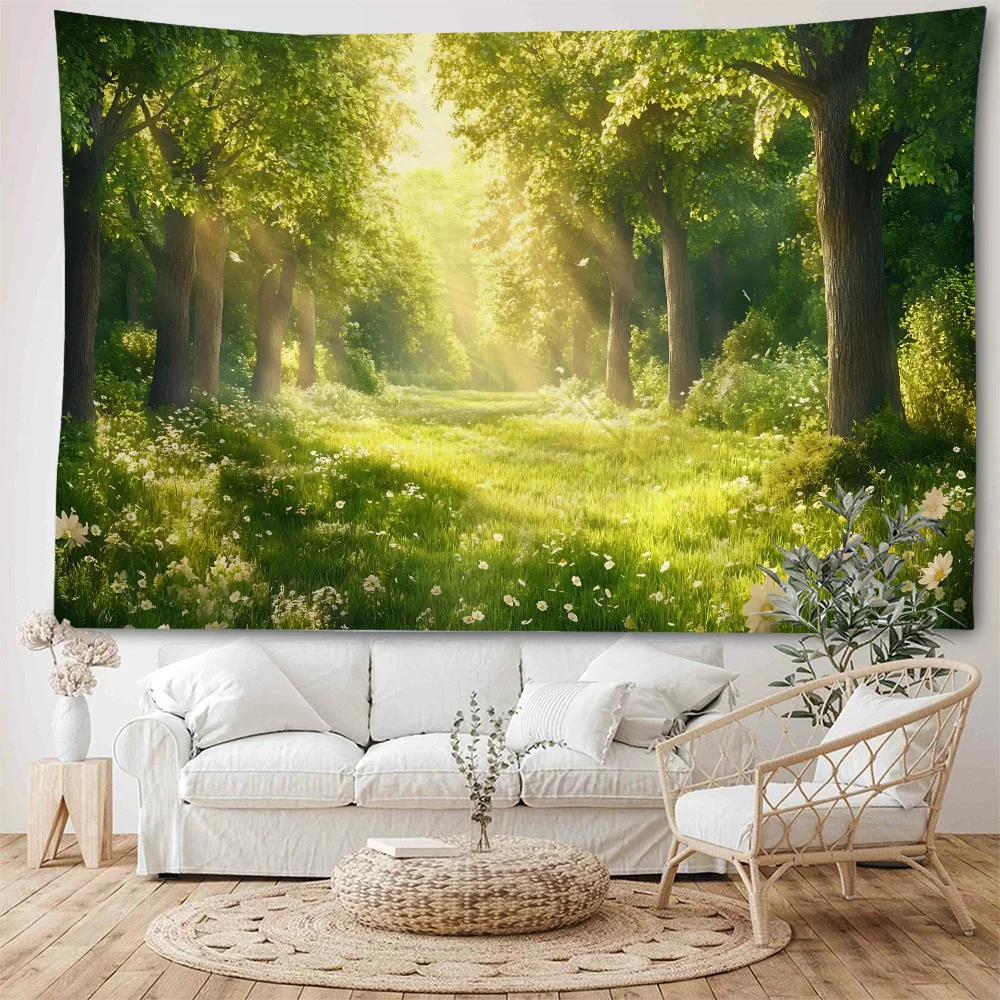 

Beautiful sunshine forest, sunshine tree scenery, background decoration tapestry, home background wall decoration tapestry
