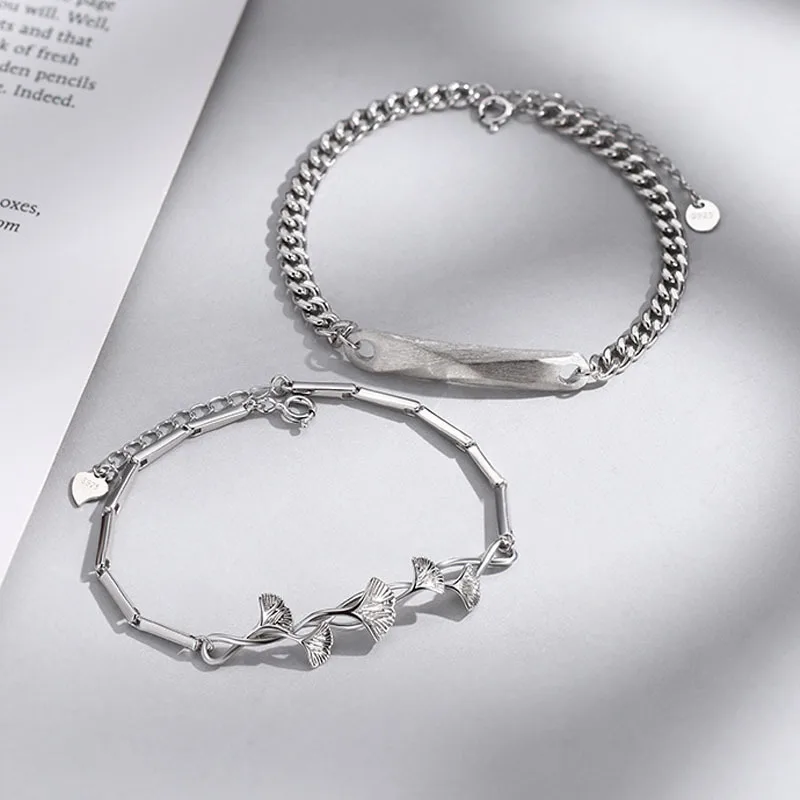 

925 Silver Three Luck Couple Bracelet Retro Style Engravable Couple Gift Three Life Stone Ginkgo Biloba Bracelet