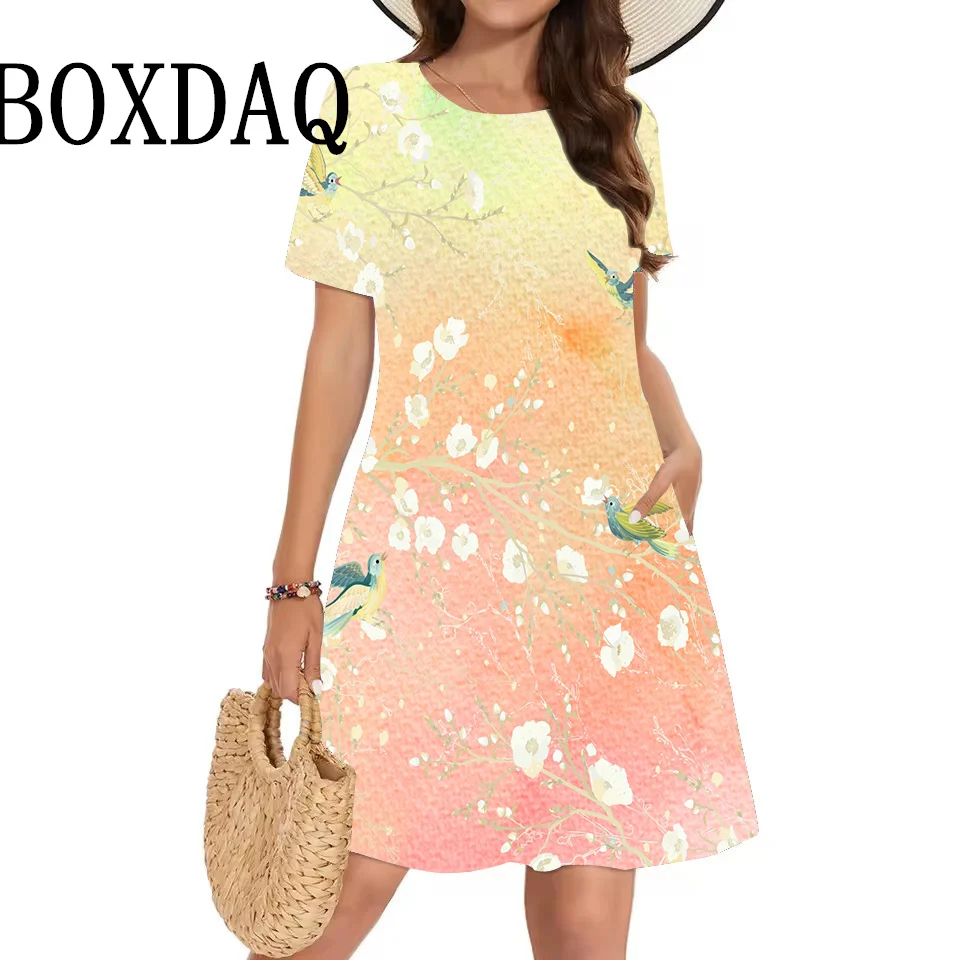 Letnia naturalna sceneria drzewo 3D sukienki z nadrukiem kobiety wakacje plaża sukienka z krótkim rękawem Casual O-Neck kieszeń luźna sukienka Sundress