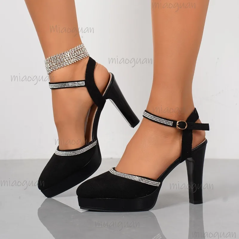 

Женские туфли на каблуке, размер 34–43, сандалии на платформе с ремешком на щиколотке и кристаллами, замшевые женские модельные туфли на высоком каблуке, элегантные