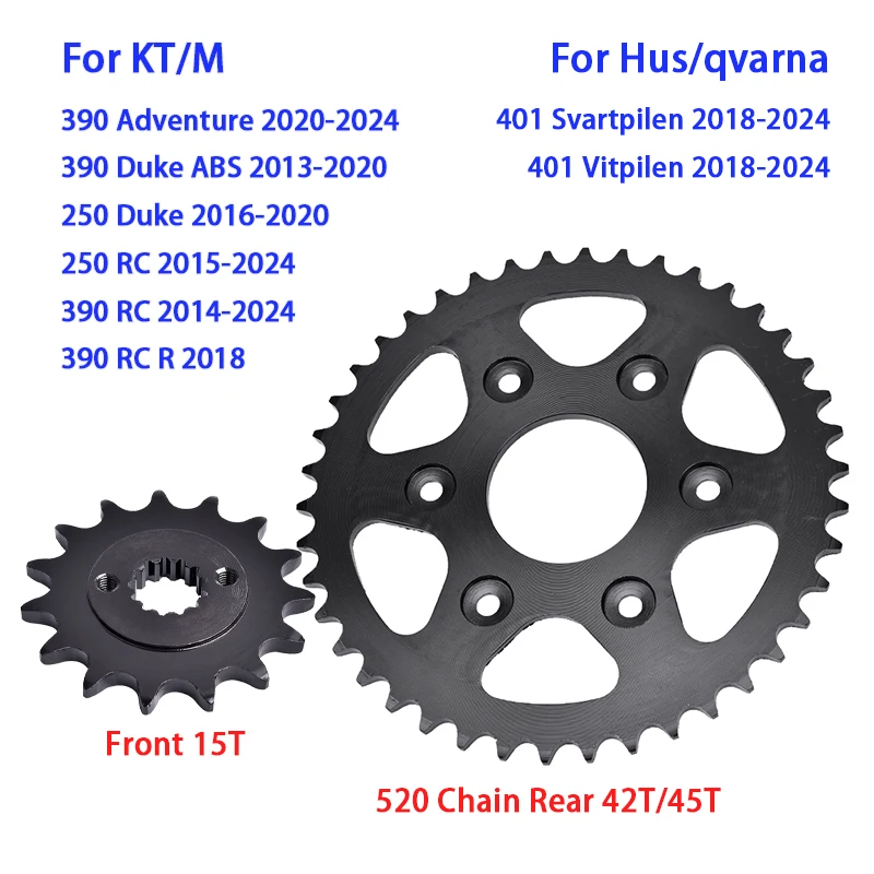 520 15T Front 42T 45T Rear Sprocket For KT/M 250 390 DU/KE RC R 390 Adventure For Hus/qvarna 401 Svartpilen Vitpilen 2018-2024