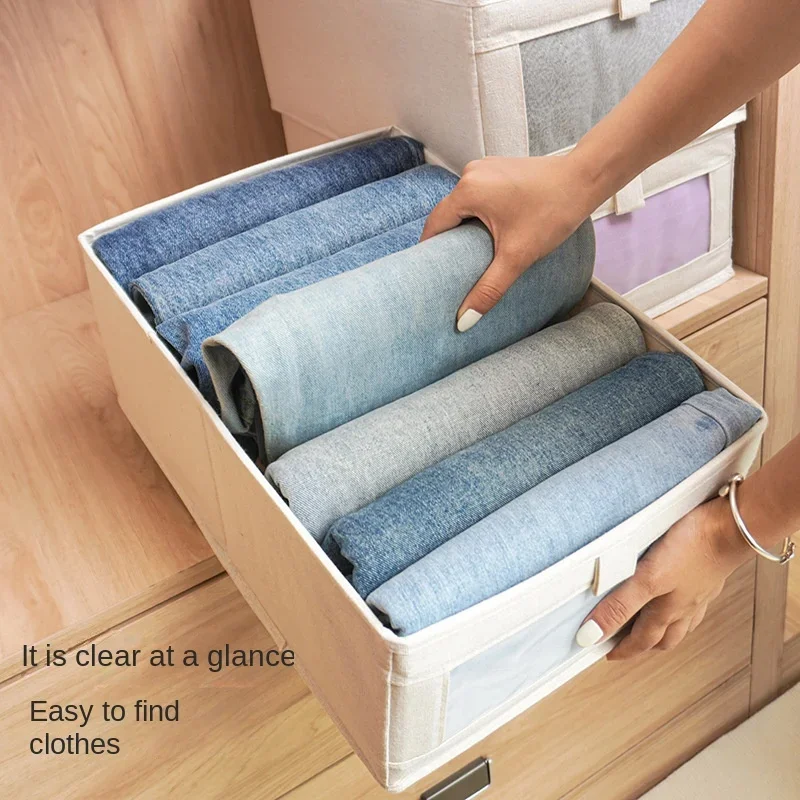 5Pcs Visual Window Cotton Linen Storage Box Wardrobe Pants Clothing Storage Organization Box Foldable Fabric Storage Box