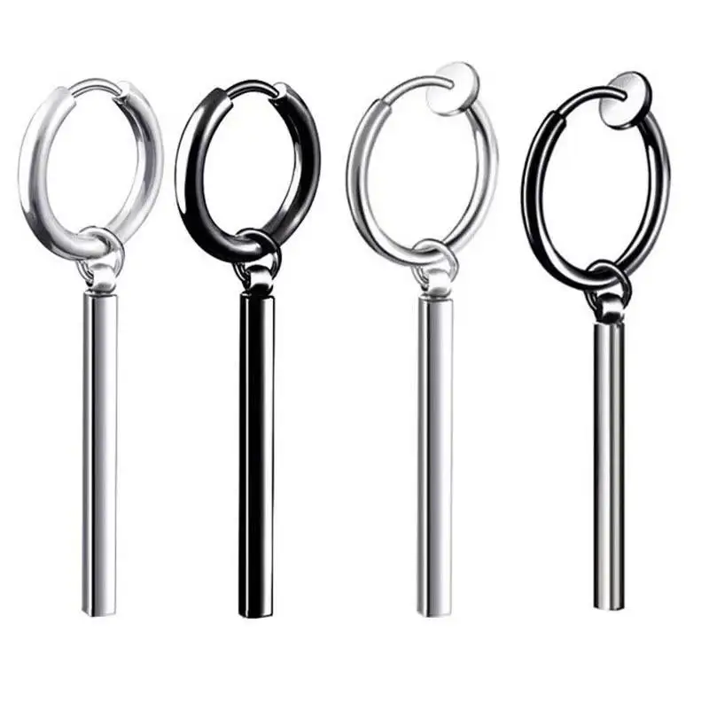 Minimalist Fake Earrings Square Bar Hanging Hoop Earring Pendant Ear Clip Stainless Steel Earring Men Jewelry Gift
