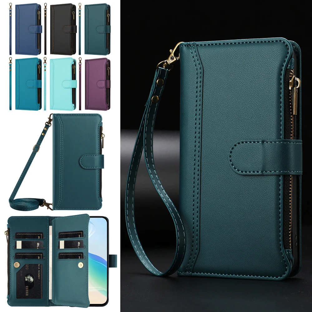 

Card Wallet Phone Cover For Honor Magic 8 Pro Air 7 6 5 Lite X6 X6S X5C X5B Plus Magic8 Leather Case Wrist Strap Crossbody Shell