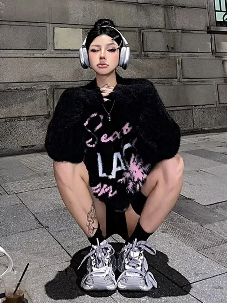 

Women Sweaters Letter Contrast Color Knitted Long Sleeve O-neck Pullovers Korean Style Couple Loose Autumn Winter Warm Cozy New