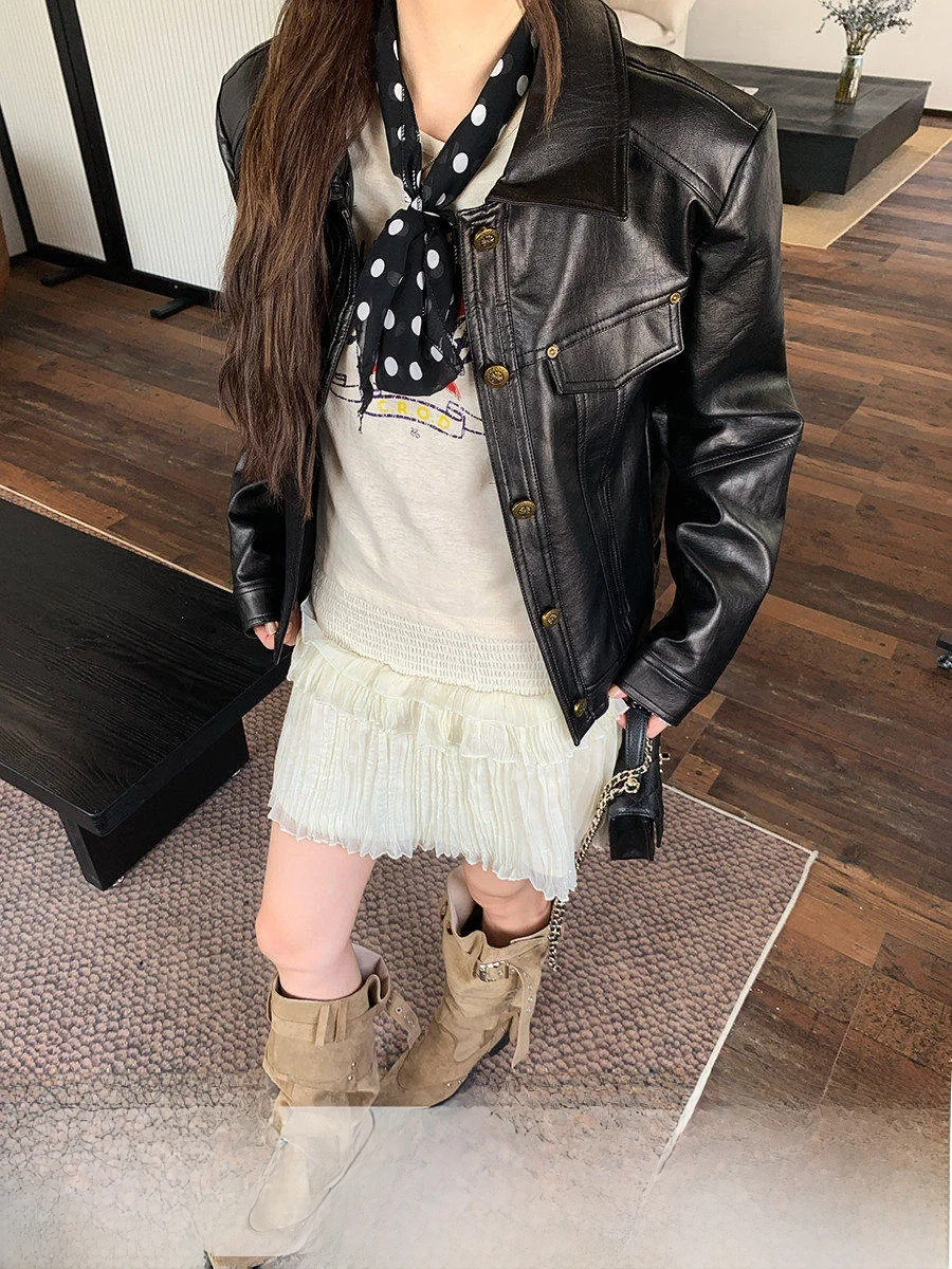 

Linyunya Bla Leather Jaet Women's oulder Length Biker Sle Coat Collar Long Sve PU Leather Top for Young Women