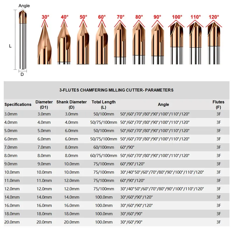 AZZKOR HRC55 fresa per smusso in acciaio al tungsteno fresa in metallo duro a 3 scanalature 30/40/50/60/70/80/90/100/110/120 utensili per