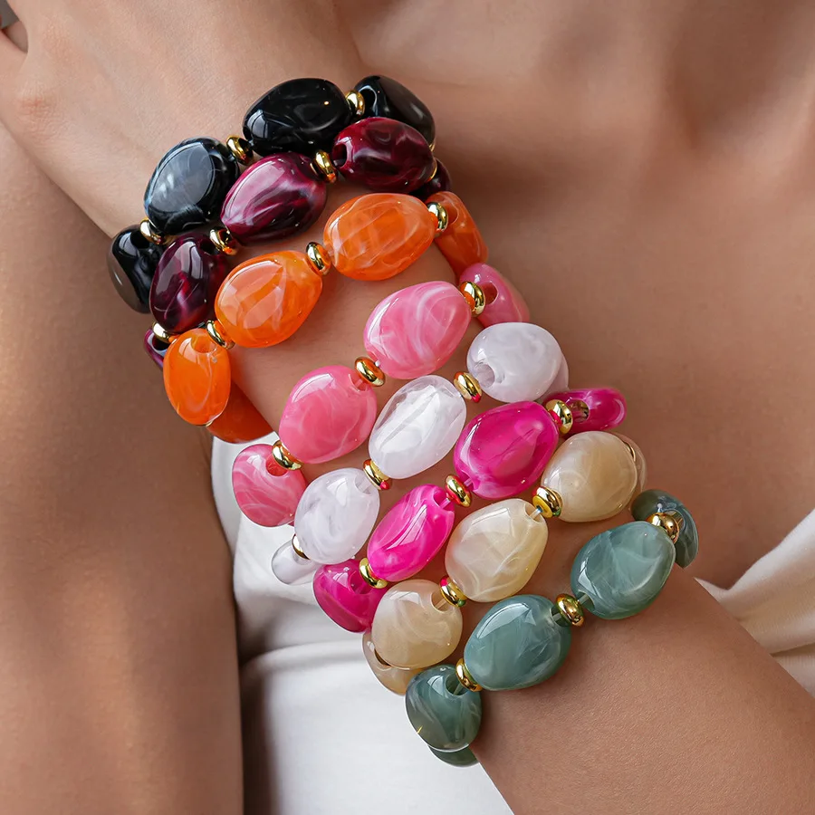 Trendige bunte marmorierte unregelmäßige ovale Perlen elastische Armbänder Boho Harz geometrische Perlen Armreifen Armband 2026 Modeschmuck – Detail 3