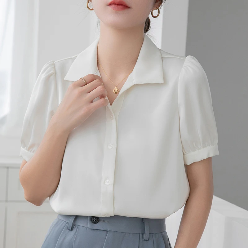 Women Summer Korean Slim Office Lady Shirring Solid Color Square Collar Short Sleeve Shirts Women Clothes Casual All-match Tops