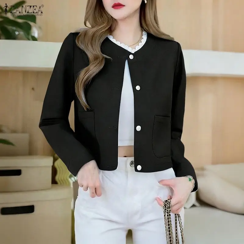 

ZANZEA весенние женские тонкие пальто куртки с длинными рукавами модные повседневные карманы свободные кружевные лоскутные свободные однотонные элегантные рабочие рубашки OL