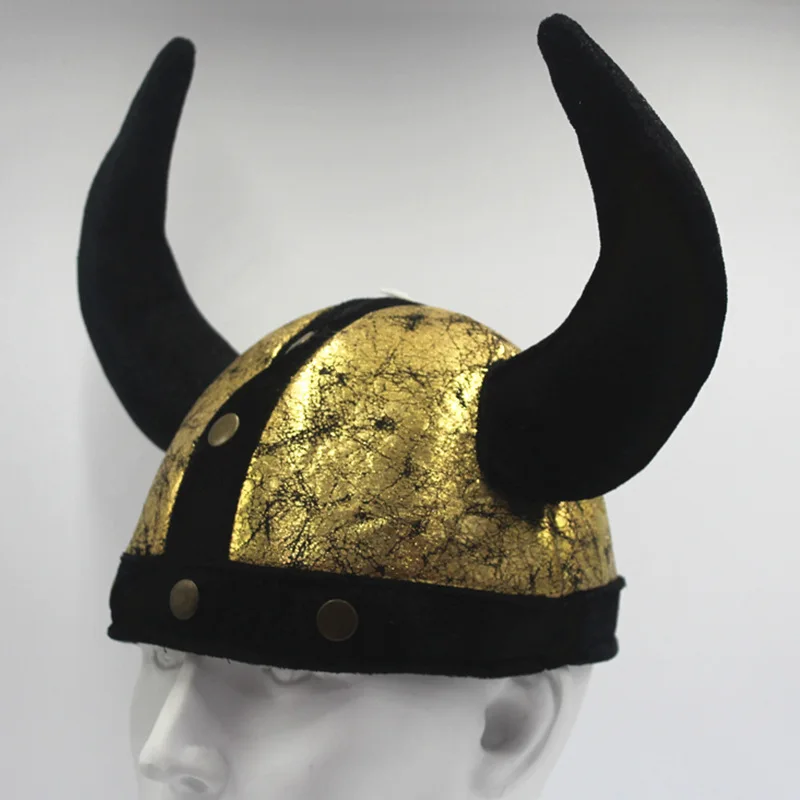 Vikings Cosplay Halloween Easter Carnival Party Cos Decorations Hats Cow Head Wax Hats Two Ox Horns Rivets Golden Dome Hat