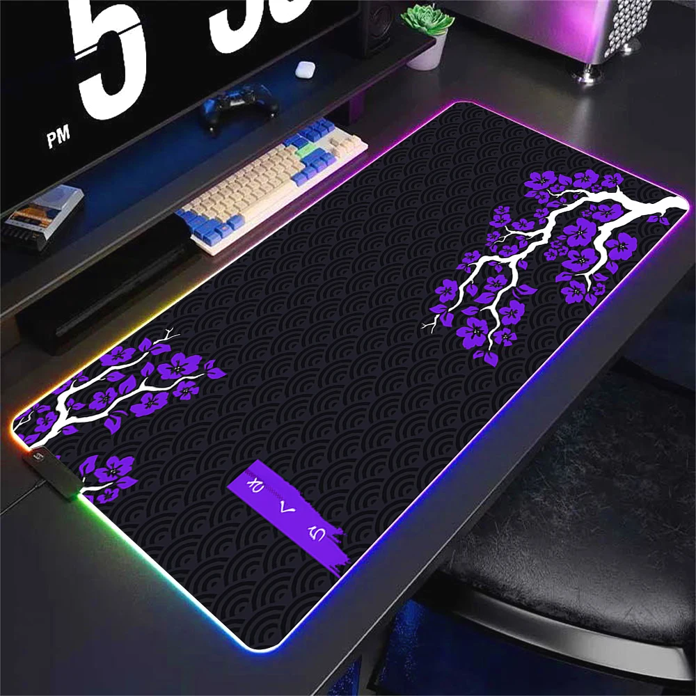 Kawaii Purple Desk Mat Gamer Mat Black Sakura Gaming RGB Mouse Pad Large Office Computer Accessories Cherry Blossom Mousepad Xxl