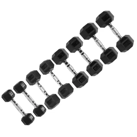 Gym rubber-coated hex dumbbells set in black, 5/10/15/20 lbs pair, non-slip grip and floor protection