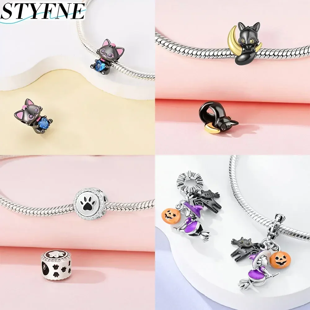 Sterling 925 Silver Halloween Dark Series Spider Cat Skull Charm Fit Brand bracciale per la creazione di gioielli regalo braccialetto fai da te da