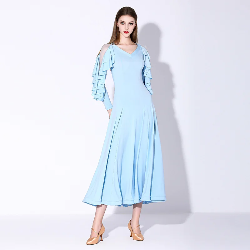 

Customized V-neck Lotus Leaf Sleeve Modern Dance Dress MY879 National Standard Dance Waltz Practice Outfit Party Evening Dress