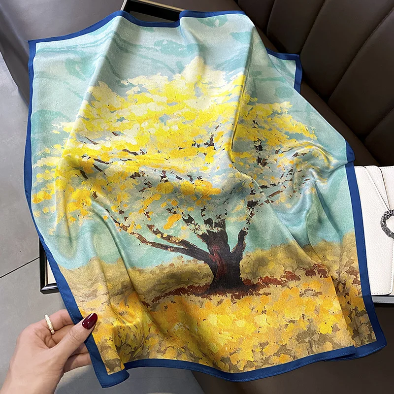 

100% Natural Silk Square Scarf Women Bandana Headscarf Scarves 70X70CM Original Tree Print Scarf Birthday Gifts for Mum