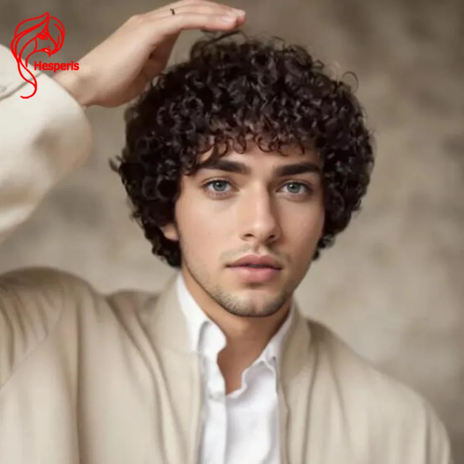 

Hesperis # Двухцветные вьющиеся парики из натуральных волос на кружеве для мужчин, коричневый короткий вьющийся парик с челкой для мужчин
