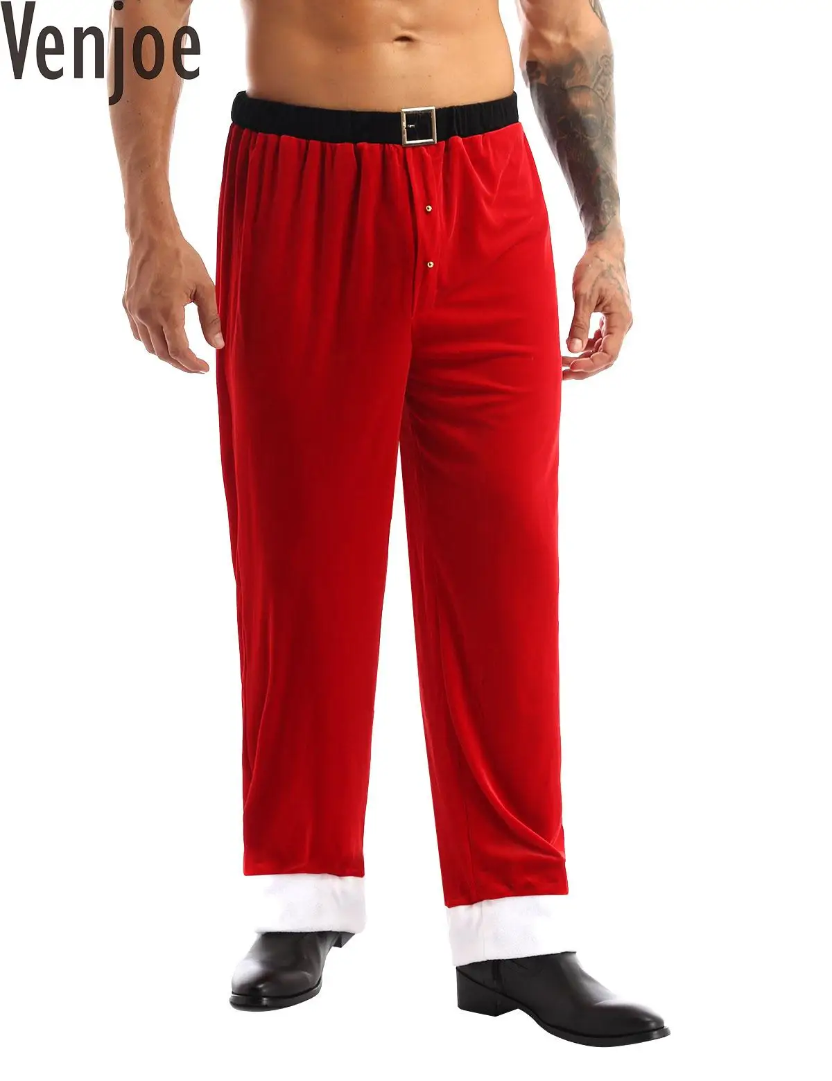 Adult Mens Soft Red Velvet Christmas Cosplay Costume Santa Claus Long Pants New Year Loose Trousers Holiday Carnival Costume