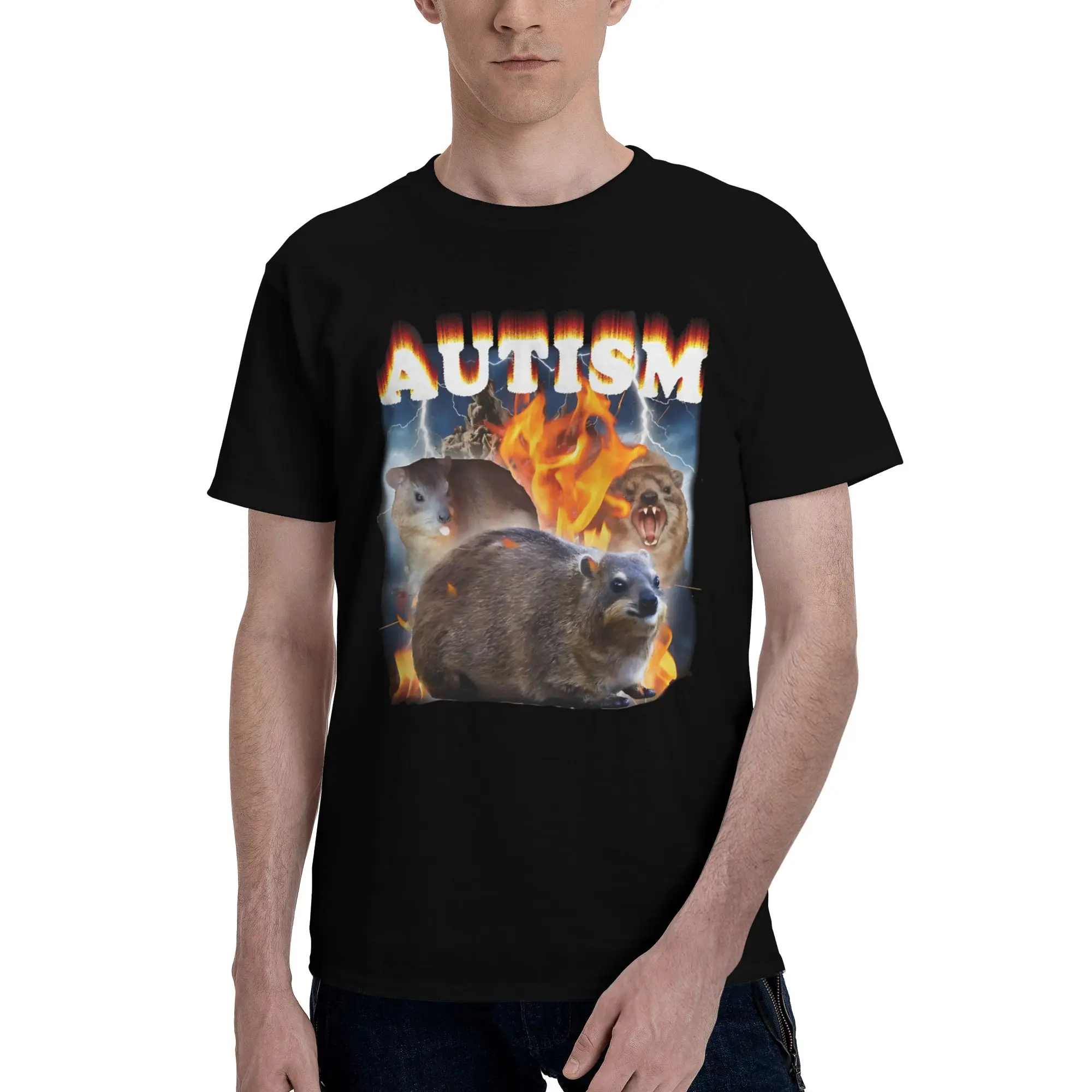 Funny Hyrax Meme Graphic Funny 100% Cotton T-Shirt Autism Tops Tees For Men