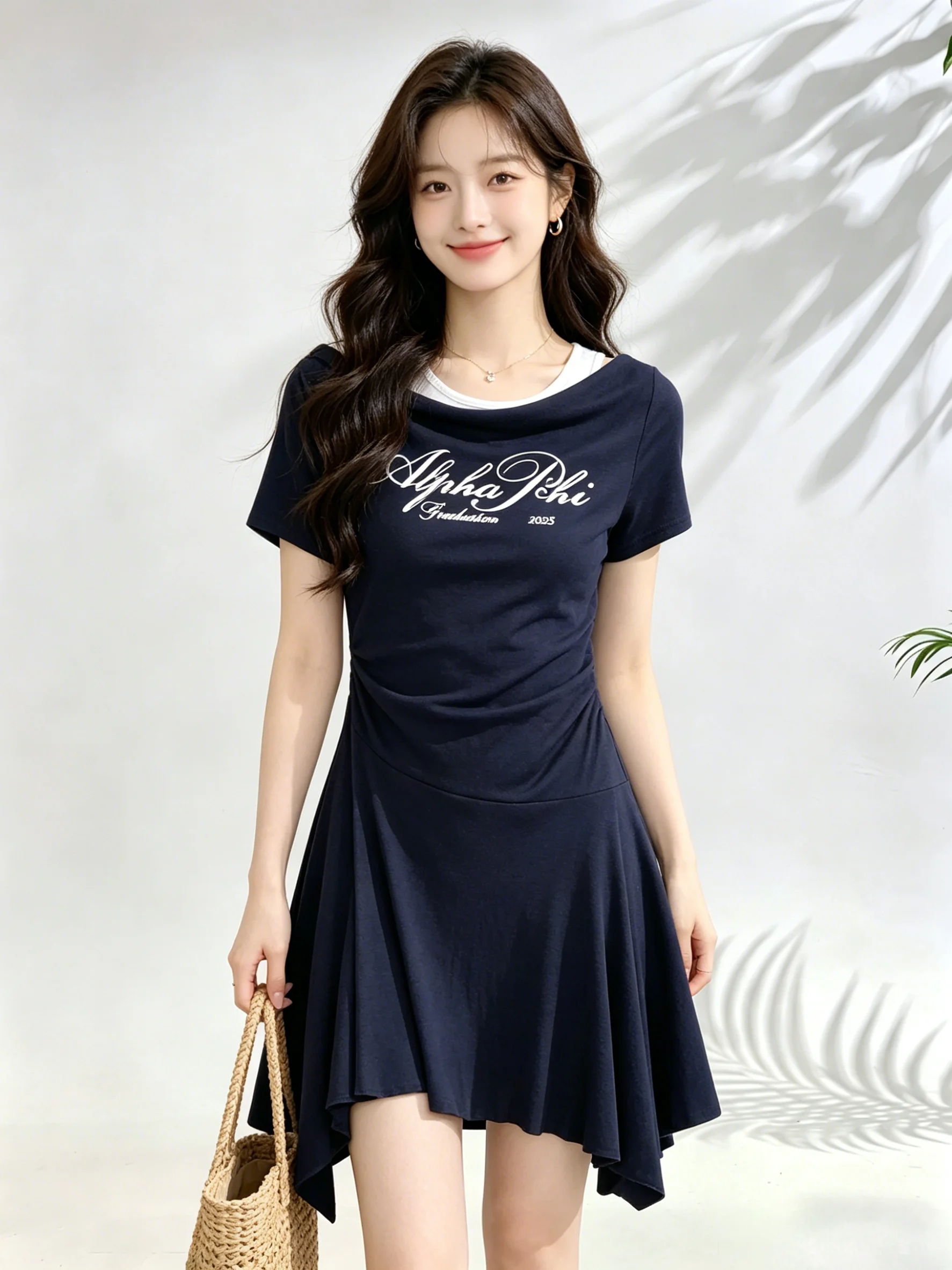 

Retro Korean Style Pleated Print Letter Asymmetrical Shoulder Dress Fake Two-Piece Short Sleeve Summer Skirt Casual Loose Fit