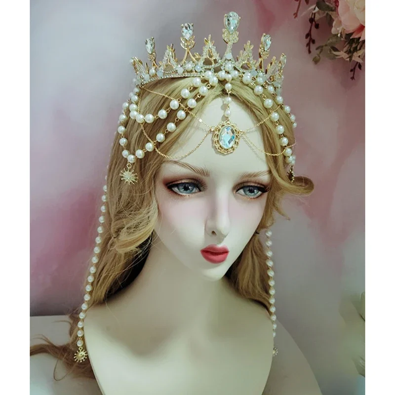 Gothic Lolita Witte Roos Engelenvleugels KC Halo Kroon Hoofddeksel Zonnegodin Mary Kralenketting Barokke Tiara Hoofddeksels Haaraccessoires