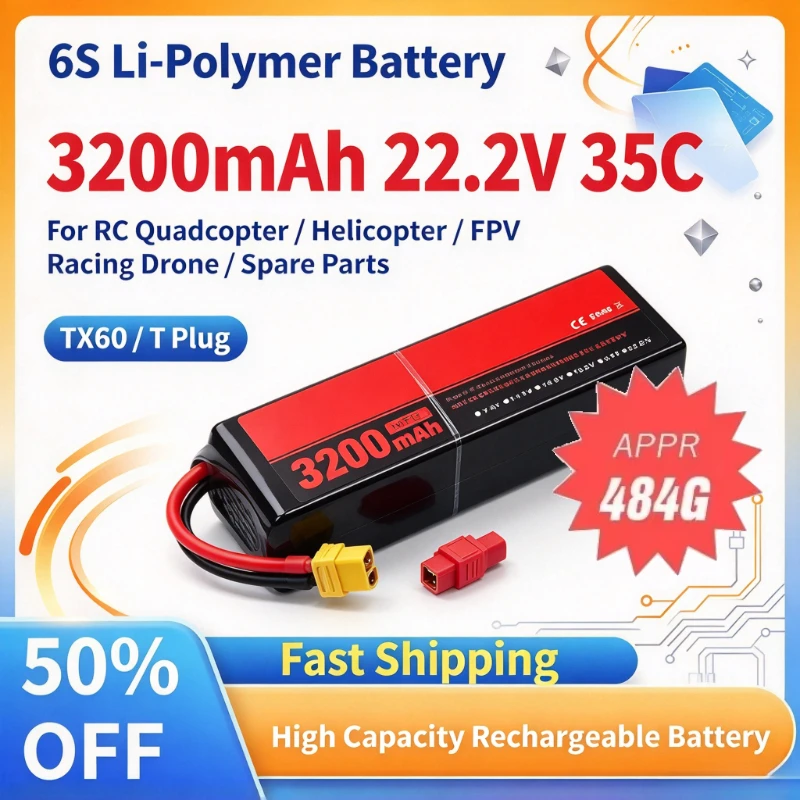 3200mAh 6S 22.2V 35C Replace Rechargeable Lipo Batteries for RC Quadcopter Helicopter FPV Racing Drone Spare Parts TX60/T Plug