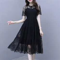 2022 Summer Dress Women Short Sleeve Lace Dress Big Size Dress Elegant Lady Long Party Dresses Vestidos платье Bottomings WZ1809