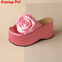 Krazing Pot Flower Fabric Thick Bottom Sweet Slingback Mules Increase Wedges Super High Summer Shoes Sexy Platform Women Sandals