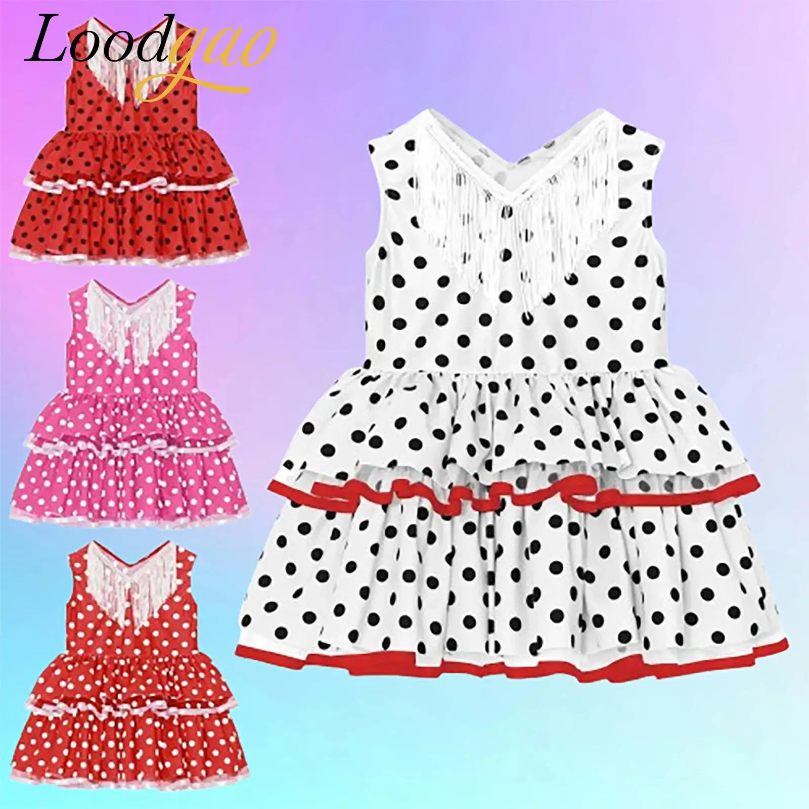 6M-5 Girls Cute Flamenco Dance Costume V-neck Sleeveless Tassel Polka Dot Mesh Layered Cake Dress for Dance Party Performance