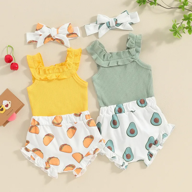 

Baby Girls 3Pcs Summer Outfit Sleeveless Romper + Taco/Avocado Print Shorts + Headband Set Newborn Clothes